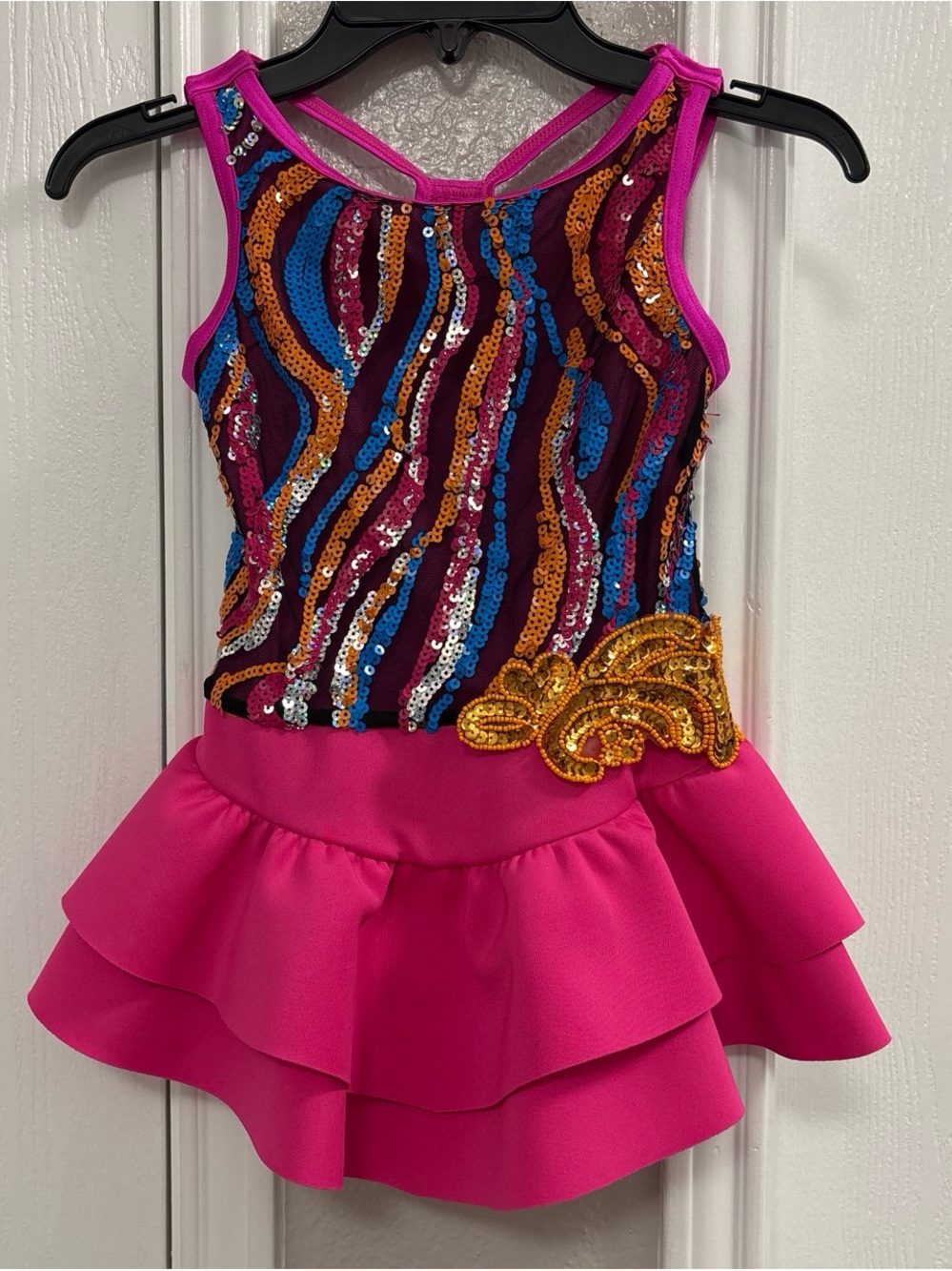 Weissman Hot Pink Sequin Dance Dress with Gold Accent